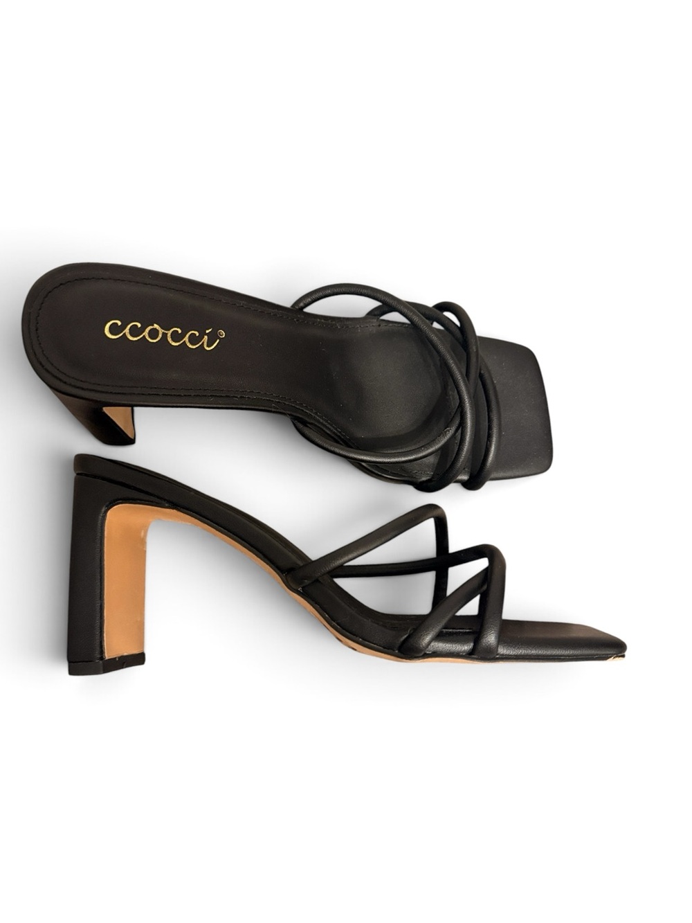 C.Cocci Jenna Black Strappy Square Toe Heels Size 7.5